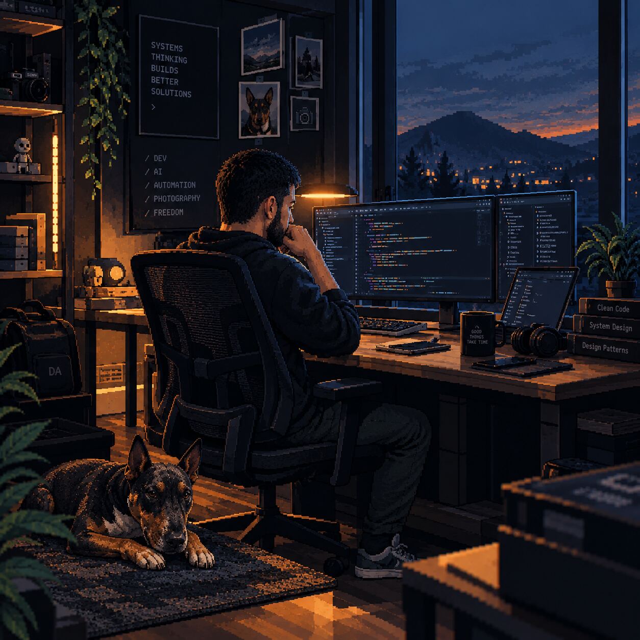 Pixel-art illustration of a developer seen from behind at a dual-monitor desk with code on screen, at dusk, with a dog resting on the rug and mountains outside the window